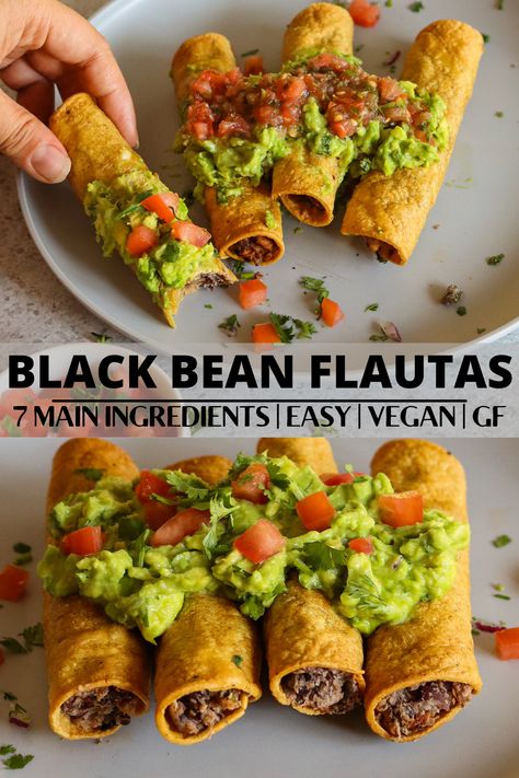 Black Bean Flautas, Taquitos Vegan, Bean Flautas, Black Bean Taquitos, Bean Taquitos, Tasty Vegetarian Recipes, Vegan Dinner Recipes, Vegetarian Recipes Healthy, Vegan Foods