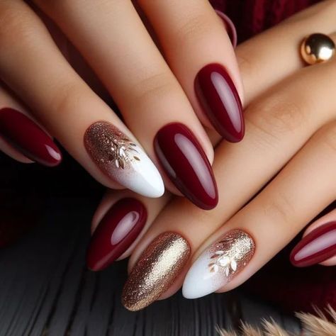 Wine And Rose Gold Nails, Red And White Manicure, Christmas Nail Designs Classy, Red And Beige Nails, Nude And Burgundy Nails, Maroon And White Nails, Nail Art Red And White, Red Wine Nails Design, Burgundy Nails With Glitter