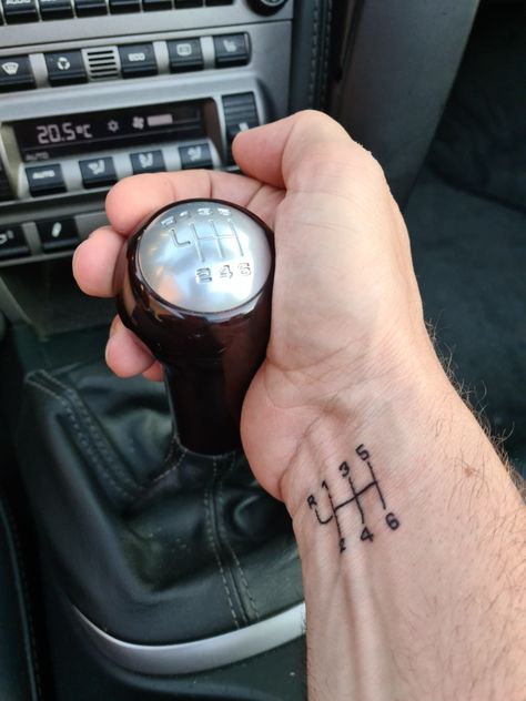 Car Style Tattoo, Matching Mechanic Tattoo, Cool Car Tattoos, Stick Shift Tattoo, Shift Pattern Tattoo, Car Gear Tattoo, Speed Tattoo Ideas, Stick Shift Tattoo Ideas, Supra Tattoo