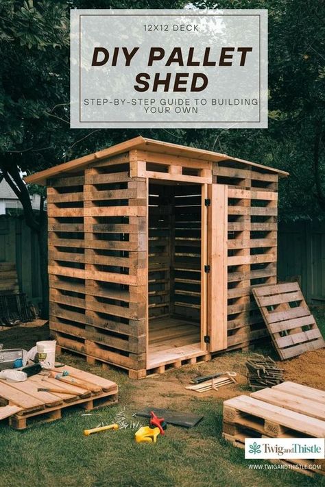 DIY pallet shed guide. This step-by-step tutorial will teach you how to build a pallet shed from scratch, using affordable and sustainable materials. Learn about different designs, from diy pallet shed outdoor storage to pallet garden shed diy projects. Our guide covers everything from the foundation to the roof, including tips for creating a sturdy diy pallet shed floor. Visit the blog post to start building your functional and stylish pallet shed today. Visit now: Twigandthistle.com Cabinet Made From Pallets, Pallet Wood Shed Plans, Pallet Sheds Buildings, Build A Shed Diy Step By Step, Diy Pallet Shed Outdoor Storage, Pallet Project Ideas, Diy Shed Flooring Ideas, Garden Pallet Ideas Diy Projects, Building A Shed Cheap Diy