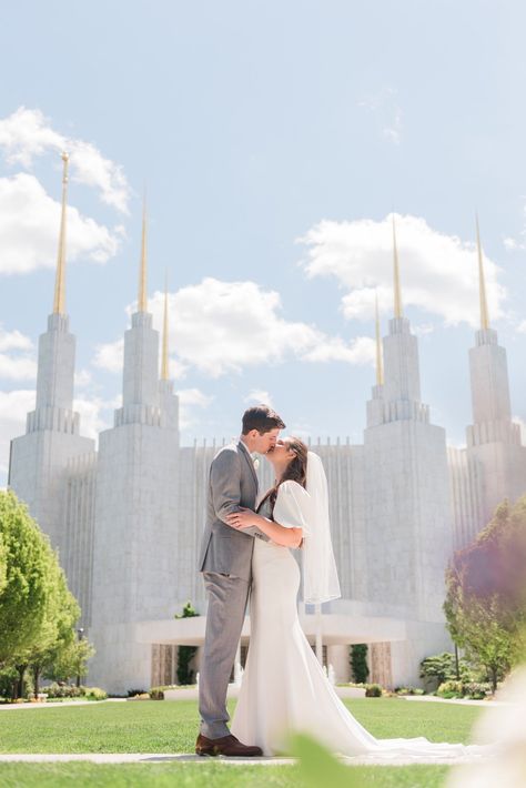 In front of the Washington DC LDS temple, a bride and groom kiss on a spring day by Jacquie Erickson Photography. spring wedding day Chruch of Christ wedding DC #JacquieEricksonPhotography #JacquieEricksonWeddings #SpringDCWedding #SpringWedding #LD Washington Dc Temple Wedding, Dc Temple, Washington Dc Temple, Temple Wedding Photos, Wedding Lds, Bride And Groom Kiss, Temple Marriage, Marriage Photography, White Veil