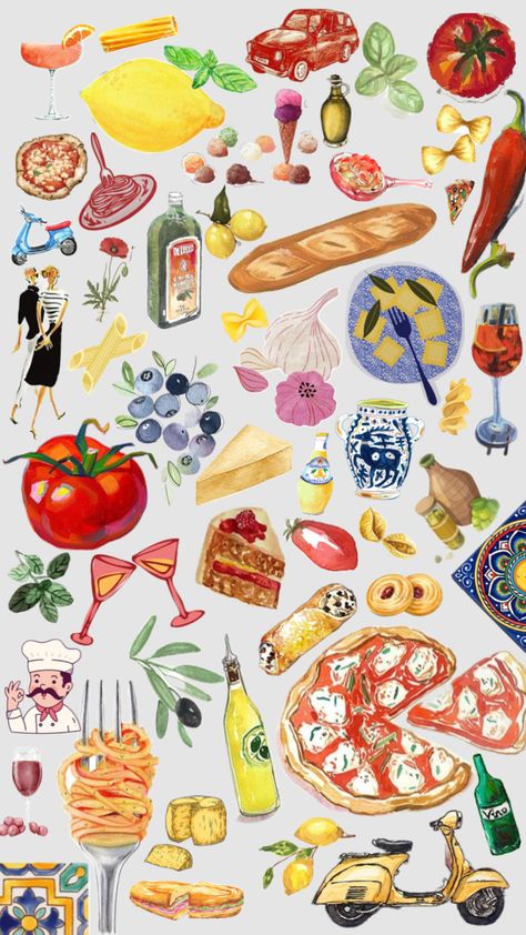 Italian food Italy Collage, Ipad Image, Italian Summer Aesthetic, Food Collage, Cute Summer Wallpapers, Chic Wallpaper, Food Painting, Food Wallpaper, Flower Packaging