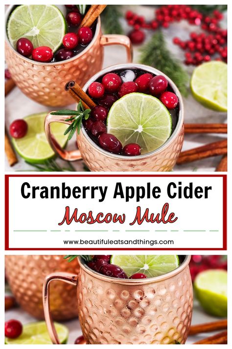 Christmas Apple Cider, Cranberry Moscow Mule Recipe, Cider Moscow Mule, Cranberry Apple Cider, Apple Cider Moscow Mule, Cranberry Moscow Mule, Cranberry Cider, Cranberry Drinks, Mint Cocktails