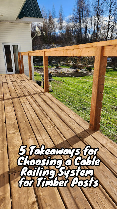 Cable railing systems, hardware and accessories offered by GauthierDeLaPlante are all made of 316 stainless steel. They are made to last for a lifetime and to minimize the visual barriers on your deck or balcony.  Here are 5 important questions to ask yourself when planning the installation of a cable railing system for timber posts. Deck Railing Cable Ideas, Cable Porch Railing Ideas, Steel Cable Deck Railing, Decks With Cable Railing, Deck Banister Ideas, Deck Wire Railing Ideas, Deck Cable Railing Ideas, Railing With Cables, Hogwire Deck Railing