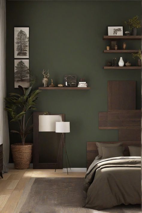 bedroom decor, home interior design, interior bedroom design, living room interior Green Color For Bedroom Walls, Dark Green And Brown Bedroom Aesthetic, Room Accent Wall Ideas Paint Colors, Dark Forest Green Accent Wall, Deep Green Wall Color, Deep Forest Green Paint, Green Walnut Bedroom, Green And Brown Walls, Green And Brown Room Ideas Bedroom