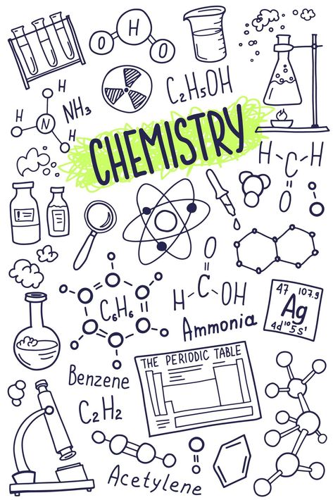 Chemistry symbols icon set. Science subject doodle design. Education and study concept. Back to school sketchy background for notebook, not pad, sketchbook. Science Chemistry Background, Chemistry Sketch Art, Chemistry Binder Cover Ideas, Science Doodles Chemistry, Physics Binder Cover, Chemistry Page Design, Science Cute Drawings, Cute Chemistry Doodles, School Book Covers Chemistry