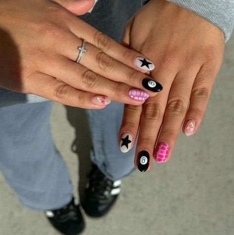 Nail Inspo Different Designs On Each Finger, Mixed Acrylic Nails, 8 Ball Nails Short, 8 Ball Nails Pink, Magic Eight Ball Nails, Eightball Nails, Pink 8 Ball Nails, Nails 8 Ball, Magic 8 Ball Nails