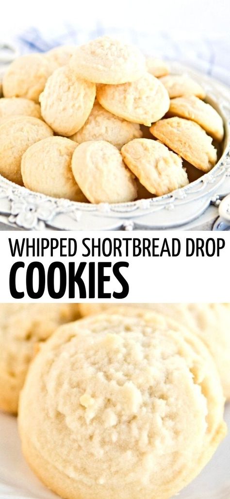 Whipped Shortbread, Shortbread Cookies Easy, Drop Cookie Recipes, Whipped Shortbread Cookies, Bake Sale Recipes, Buttery Shortbread Cookies, Shortbread Cookie Recipe, Shortbread Recipes, Drop Cookies