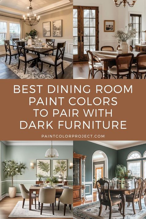 best dining room paint colors to pair with dark furniture Dark Cherry Wood Dining Room Table, Dining Room Paint With Chair Rail, Dining Area Painting Ideas, Formal Dining Room Paint Colors, Small Dining Room Wall Colors, Dining Room Design Dark Table, Best Colors For Dining Room, Wall Paint For Dark Furniture, Accent Wall Color Dining Room