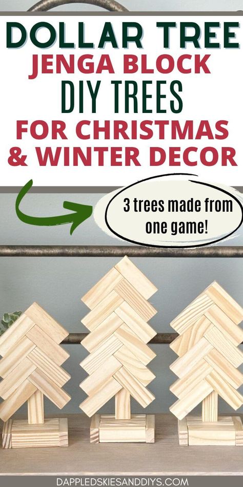 A set of 3 trees can be made using only 1 set of Dollar Tree tumbling tower game blocks! This cute craft can be created with just 4 supplies! Perfect for shelf decor or gifting to friends and family! Jenga Block Wreath, Dollar Store Block Crafts, Ideas With Jenga Blocks, Dollar Tree Stacking Blocks Crafts, Christmas Tree Out Of Jenga Blocks, Jenga Block Crafts Diy Dollar Tree Truck, Wood Jenga Block Crafts, Popsicle Crafts Christmas, Christmas Wood Blocks Diy Craft Ideas