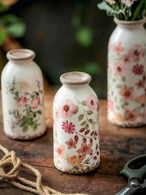 Decoupage Vases, Antique Pots, Centerpiece Table, Cottage Charm, Rustic Farmhouse Kitchen, Bathroom Shelf, Painted Vases, Floral Vase, Living Room Bathroom