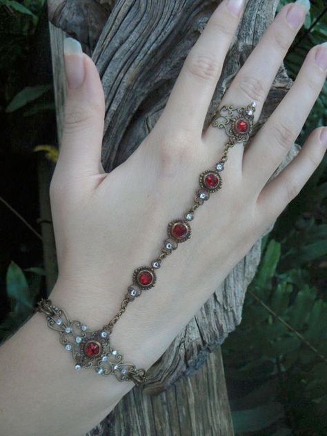 Steampunk Vampire, Vampire Gothic, Moonstone Engagement Ring Set, Medieval Jewelry, Red Jewelry, Jewelry Lookbook, Hand Chain, Filigree Ring, Hand Jewelry