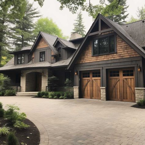 3+ Striking Color Choices for Garage Doors on Brick Houses • 333+ Images • [ArtFacade] Exterior House Colors Wood Accents, Craftsman New Build, Dark Brown Craftsman Exterior, Black Brown House Exterior, Front Of House Garage, Houses With Brown Garage Doors, Remodeled House Exterior, Houses With Wood Siding, Modern Western Exterior