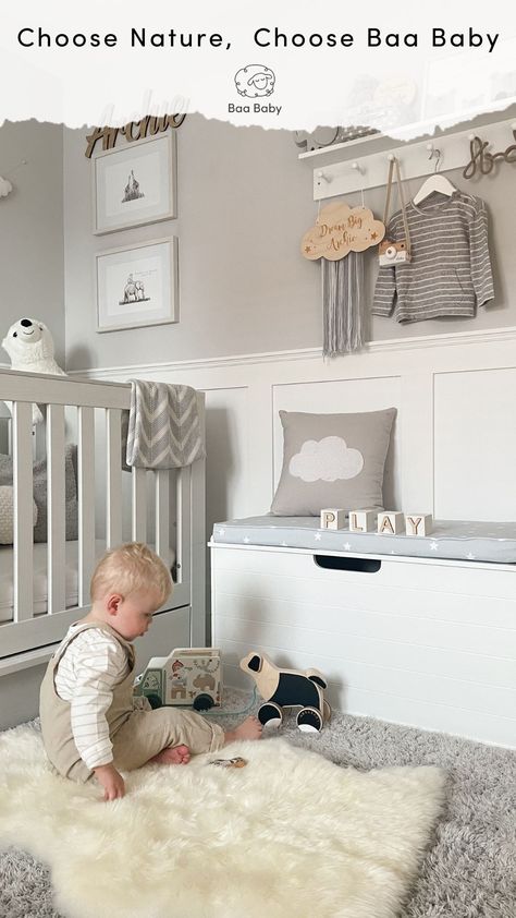 Grey Cot, Cottagecore Nursery, Neutral Nursery Rooms, Grey Nursery Boy, Natural Play, Modern Kids Bedroom, Sheepskin Rugs, Cot Mattress, Baby Boy Room Decor