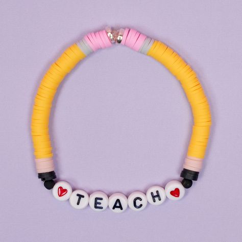 Easy DIY Teacher Bracelets that look like pencils, notebook paper, and a composition book! Make this fun clay bead bracelet set for your favorite teacher! Clay Bead Bracelet For Teacher, Clay Bead Bracelet Ideas For Teachers, Teacher Bracelet Diy, Bracelets For Teachers, Pencil Bracelet, Clay Bead Bracelet Set, Teacher Bracelet, Clay Bead Bracelet, Teachers Diy