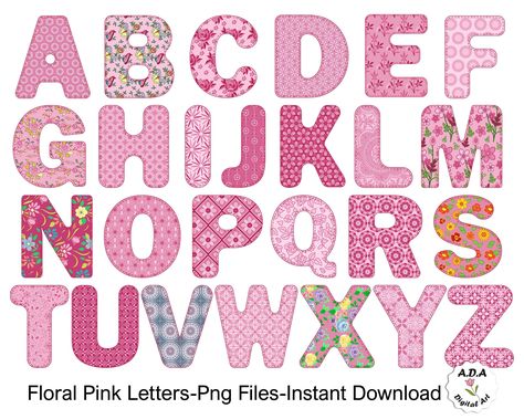 Floral Font Alphabet, Letters For Collage, Letter Alphabet Fonts, Pink Letters Alphabet, Letter Design Ideas, Cute Alphabet Letters, Scrapbook Lettering, Floral Alphabet Letters, Cute Digital Art