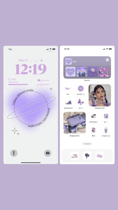 Ios 16 Home Screen Ideas Aesthetic Purple, Purple Ios 16 Layout, Purple Aesthetic Homescreen Layout, Purple Lockscreen And Homescreen, Ios 16 Home Screen Ideas Purple, Phone Themes Purple, Purple Ios 16 Wallpaper, Purple Homescreen Ideas, Purple Homescreen Layout