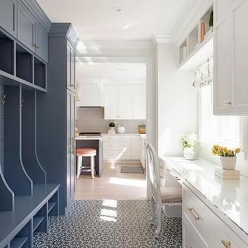 Yellow Lanterns Over Mudroom Island - Transitional - Basement Transitional Basement, White Wood Desk, Transitional Laundry Room, Built In Lockers, Black Floor Tiles, Mudroom Laundry Room, White Shaker Cabinets, Mudroom Design, Shaker Cabinets