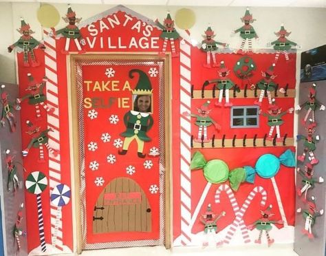 Santas Workshop Door Classroom, Santas Workshop Theme Decorations, Classroom Christmas Decoration, Christmas Classroom Door Decorations, Holiday Classroom Doors, Holiday Classroom Decorations, Christmas Cubicle, Christmas Library, Cubicle Decorations