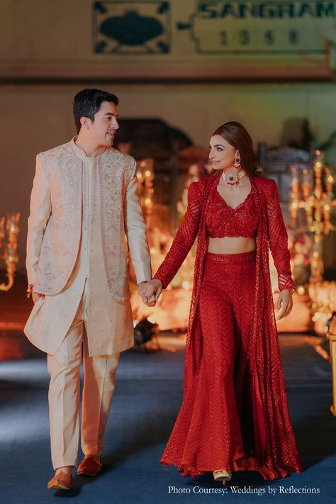 couple portrait, couple photoshoot, wedding photoshoot, bridal outfit, groom outfit, Red lehenga, bridal fashion, wedding photography, wedding photographer, sangeet night, sangeet look, bridal wear, couple poses, couple goals, portrait photography, bridal portrait, Indian wedding, sangeet night Red Sangeet Outfit, Sangeet Look For Groom, Cocktail Party Couple Poses, Sangeet Outfit For Couples, Bride Groom Sangeet Outfit, Sangeet Photography Poses, Bridal Sangeet Look, Sangeet Poses For Couple, Cute Couple Indian Wedding Pictures