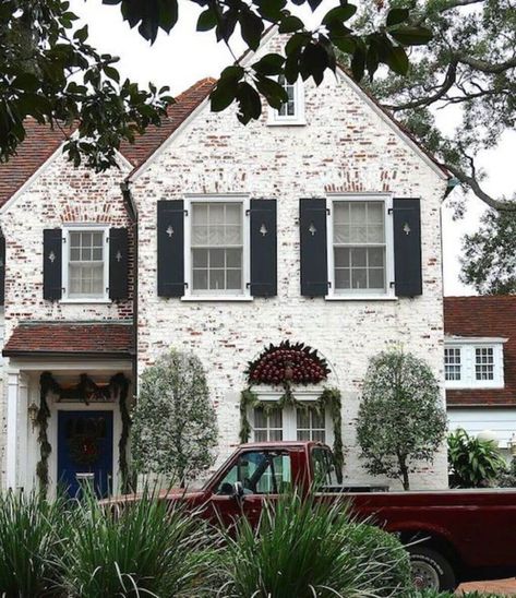 12 Limewashed Brick House Ideas to Enhance Your Home German Wash Brick, German Schmear Brick, House With Black Shutters, German Smear Brick Exterior, White Brick House, Lime Wash Brick, German Schmear, German Smear, Painted Brick Exteriors