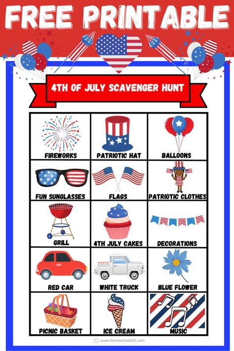 July 4th is such a wonderful time to celebrate with friends and family, there are parties galore and I just love the fireworks. This free 4th of July scavenger hunt printable is going to be a great way for the kids to enjoy it too. If you are hosting a party, or even attending one with friends and family, why don’t you print out a few of these scavenger hunts for the kids to keep them occupied? Scavenger hunts are so much fun. 4th Of July Scavenger Hunt, 4th Of July Trivia, Patriotic Printables, Scavenger Hunt Printable, Patriotic Hats, Preschool Bulletin, White Truck, Scavenger Hunts, Patriotic Outfit