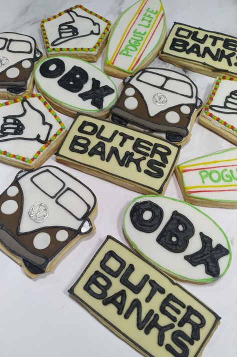 Outer Banks Cookies Decorated, Outerbanks Themed Birthday Party, Outerbanks Party Ideas, Outer Banks Cookies, Obx Outer Banks Birthday Party, Bank Cake Ideas, Outer Banks Themed Birthday Party, Outer Banks Birthday Party Ideas, Outer Banks Cake