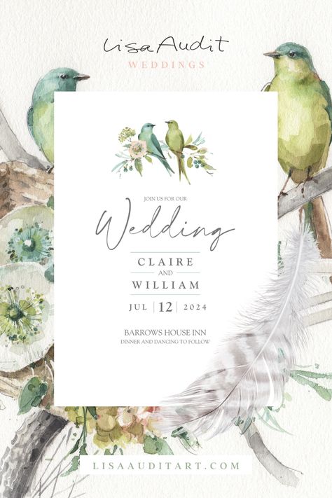 Watercolor wedding invitations featuring a sweet blue and green birds painted by artist, Lisa Audit. Personalize with your own date and information exclusively on Zazzle. - #lisaaudit #weddinginvitations #weddinginvites #weddinginspiration #bluiegreenwedding #watercolorwedding #wedding #celebrate #invitations Love Birds Watercolor, Watercolor Wedding Cards, Blue And Green Wedding, Wedding Invitations Template, Safe The Date, Wedding Illustration Card, Wedding Invitation Watercolor, Blue Green Wedding, Watercolour Wedding Stationery