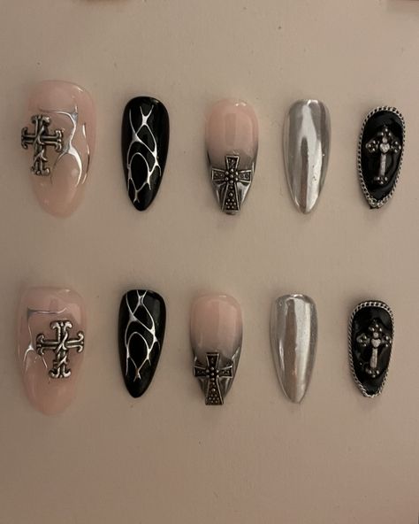 chrome hearts nails 🖤 - - - - - - - - #altnails #chromeheartsnails #chromenails #nails #explorepage #opiumnails #nailsofinstagram #nailinspo #ykkrylix #nailart #crossnails #christiannails #chromehearts #cartinails #kencarson #viral #trending #explore #fyp #cute #love #baddie #goth #uniquenails Chrome Hearts Nails Designs, Black Nails Chrome Heart, Chrome Heart Nails Designs Black, Black Nails With Cross, Nail Inspo Chrome Hearts, Heartagram Nails, Nails Chrome Hearts, Chrome Nails With Cross Charms, Chrom Heart Cross Nails