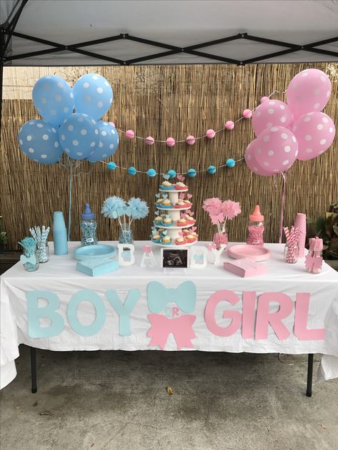 Small And Simple Gender Reveal, Simple Gender Reveal Dessert Table, Gender Reveal Main Table Ideas, Outdoor Gender Reveal Ideas Decoration, Gender Reveal Ideas Diy Simple, Table Decorations Gender Reveal, Gender Reveal Table Set Up Outside, Gender Reveal Backdrop Ideas Diy, Backyard Gender Reveal Party Ideas