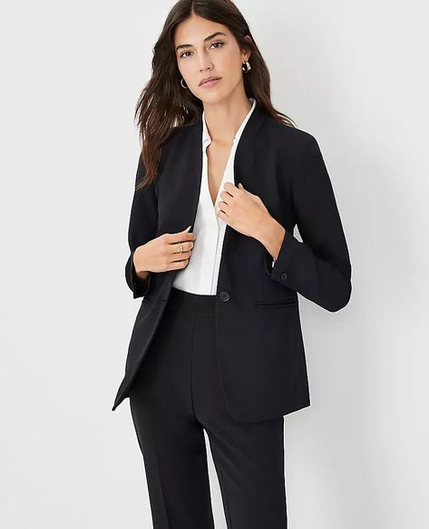 603689 Collarless Blazer Outfits For Women, Black Blazer Outfit Work Business Professional Women, Black Blazer Outfit Dressy, Tailored Suit Women, Black Suit Women, Modern Tailoring, Black Blazer Outfit, Collarless Blazer, Long Sleeve Suit