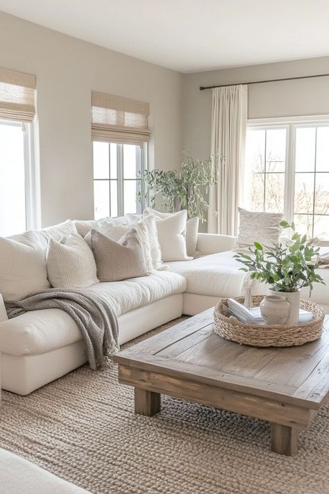 Design a cozy and inviting family room using neutral colors. Combine warm browns, soft grays, and off-whites to create a welcoming atmosphere for family gatherings. 🛋🍂✨ #NeutralFamilyRoom #CozySpaces #HomeDecor #WarmVibes Beige Couch Living Room Decor Cozy, Couches With Light Wood Floors, Off White And White Living Room, White And Light Brown House Interior, Mixed Texture Living Room, Neutral White Living Room, European Country Living Room, Modern Boho House Interiors, Cream Beige Gray Living Room