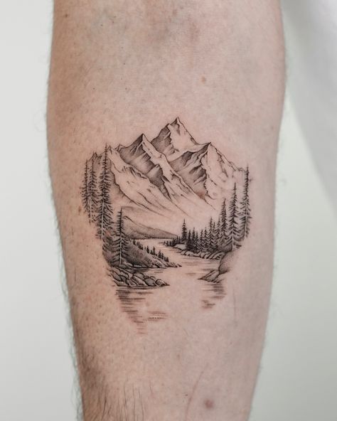 ⛰️ Mountain, River, Forest for Tom. Thank you for your trust and sharing your stories with me. Created at @exp.haus . . . . . #microrealismtattoo #finelinetattoo #londontattoo #londonfinelinetattoo #realistictattoo #tattooidea #londontattoostudio #moutaintattoo #foresttattoo #rivertattoo #mountain Mountain And Stream Tattoo, Half Sleeve Tattoos For Women Upper Arm Mountains, Valley And Mountain Tattoo, Mountain Background Tattoo, Mountain Tattoo Realistic, Mountain Half Sleeve Tattoo Women, Mountain Tattoo On Forearm, Outdoor Scene Tattoo, Detailed Mountain Tattoo