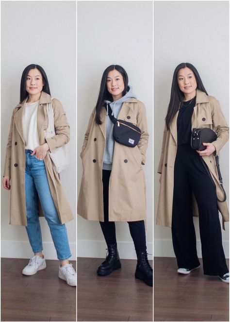 Her Simple Sole - 3 Casual Ways to Wear a Trench Coat Trench Coat And Trousers, How To Style A Beige Coat, Simple Trench Coat Outfit, Outfit With Coat Casual, Trench With Sneakers, Minimalist Trench Coat Outfit, Fall Trench Coats For Women, Trench Coat Classic Outfit, Capsule Wardrobe Trench Coat