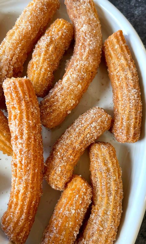 Easy Eggless Churros - Carve Your Craving Veg Churros Recipe, Churros Recipe No Eggs, No Egg Desert, Churros Recipe Without Egg, Baked Churros Recipe Easy, Easy Dessert Recipes Without Eggs, Easy Desserts No Eggs, Eggless Churros Recipe, Dessert Recipes Without Eggs