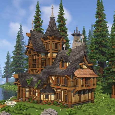 Airtug on Instagram: “Just a big ol medieval home I made #minecraft #minecrafts #minecraftbuilds #minecraftbuild #minecraftmeme #minecraftmemes #minecraftonly…” Mountain Top Castle Minecraft, Minecraft House Builds Ideas, Minecraft Houses With Tutorial, Massive Minecraft Houses, Minecraft Round Buildings, Cottagecore Minecraft Storage Building, Minecraft Base House, Minecraft Orphanage, Dallasmed65 Minecraft House