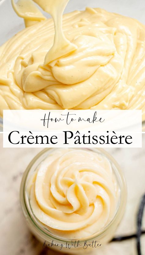 Cream Patisserie, French Custard, Cream Filling Recipe, Vanilla Pastry Cream, Cream Pastry, Choux Buns, Pastry Cream Recipe, French Dessert Recipes, French Baking