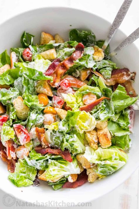 Blt Salad Dressing, Blt Salad Recipe, Lettuce Salad Recipes, Blt Salad, Lettuce Salad, Salad Dressing Recipes, Side Salad, Croutons, Crispy Bacon