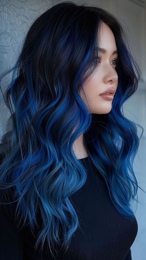 24 Ethereal Blue Black Hair Concepts Hair Dye For Medium Length Hair, Cute Fun Hair Colors, Blue Balayage Hair Brunettes, Hair Dye Ideas Blue, Medium Length Black Hairstyles, Electric Blue Highlights, Blue Hair Ombre, Black And Blue Hair, Exotic Hair Color