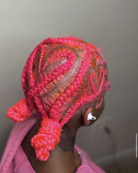 Braided Heart Hairstyles Black Hair, Pink Stitch Braids, Braided Heart Hairstyles, Pink Feed In Braids, Braided Hairstyles Heart, Plats Braids Natural Hair, Pink Braided Hairstyles, Pink Lemonade Braids, Heart Cornrows