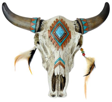 Southwest Skull with Feathers Wall Décor Turquoise Artwork, Painted Animal Skulls, Deer Skull Art, Painted Cow Skulls, Cow Skull Decor, Cow Skull Art, Bison Skull, Skull Wall Decor, Feather Wall Decor