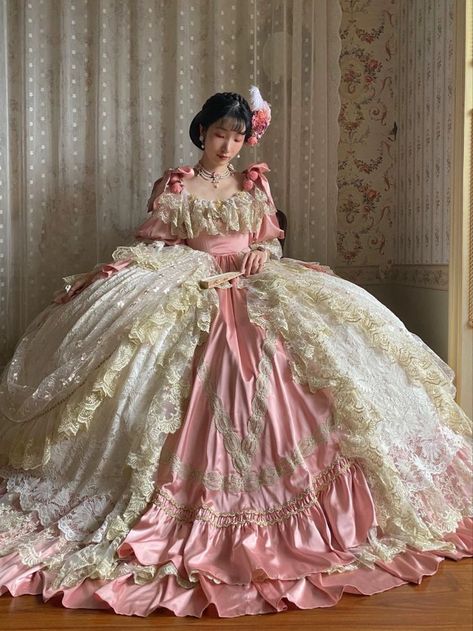 Simple Rococo Dress, Pink Victorian Ball Gown, Victorian Era Ballroom, Old Fancy Dresses, Victorian Party Dress, Pink Rococo Dress, 1800s Dresses Victorian Gowns, Old Princess Dresses, Rococo Aesthetic Fashion