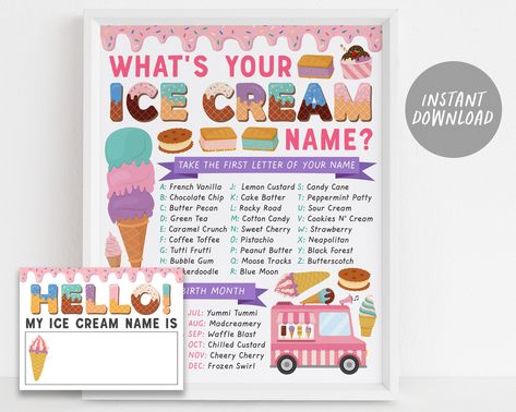 Whats Your Ice Cream Name Game  ➡️ MATCHING Collection here: www.etsy.com/shop/PuffPaperCo/items?search_query=icecreambday01  THIS IS AN INSTANT DOWNLOAD- NO PHYSICAL PRODUCT WILL BE SHIPPED ------------------------------------ ❤️ SIZES INCLUDED 8x10" / 11x14 / 16x20 (sign) 3x4" (name tag) 8.5x11" (formatted with 6 name tags) ------------------------------------ ❤️ HOW THIS WORKS  1. Purchase this listing. 2. Once the payment has gone through, you will be directed by Etsy to the instant download Name Tag Activity, Ice Cream Party Games, Ice Cream Names, Ice Cream Games, Games Poster, Ice Cream Party Decorations, Ice Cream Poster, Name Game, Caramel Crunch