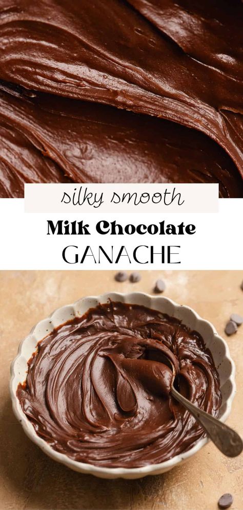 This creamy milk chocolate ganache is the perfect way to elevate your desserts with its rich, velvety texture and indulgent flavor. Made with just two ingredients, this easy-to-make ganache comes together in minutes. There's endless ways to use it, as an icing, cake filling, brownie frosting, and more! Chocolate Ganache Recipe With Milk, Milk Chocolate Ganache Filling, Ganache Icing Cake, Milk Chocolate Ganache Frosting, Creamy Ganache Recipe, Thick Ganache Recipe, Whipped Milk Chocolate Ganache, Creamy Chocolate Ganache, Milk Chocolate Ganache Recipe