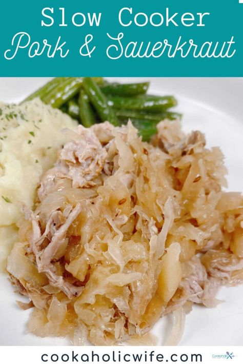 Many believe serving pork and sauerkraut on New Year's Day brings good luck, so join in on the tradition and serve this easy slow cooker recipe. Complete the meal by serving it with mashed potatoes and green beans. #porkandsauerkraut #newyearsdayrecipe #slowcookerrecipe #easyslowcookerrecipe #crockpotrecipe Pork Tenderloin With Sauerkraut, Slow Cooker Pork And Sauerkraut Recipe, Crockpot Pork And Sauerkraut, Sauerkraut And Potatoes, Sauerkraut Crock, Pork Sauerkraut, Pork And Sauerkraut Recipe, Pork Roast And Sauerkraut, Pork Chops And Sauerkraut