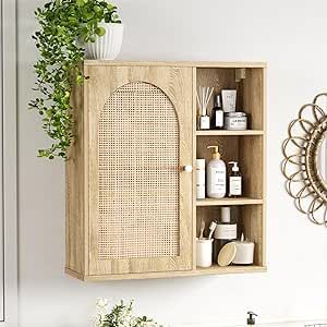 Rattan Bathroom Wall Cabinet with Door, Boho Medicine Wall Cabinets with Adjustable Shelves, Tall Kitchen Wall Mounted Storage Cabinet, Floating hanging cabinet Space Saver for Laundry Room, Natural Rattan Bathroom, Wall Mounted Storage Cabinet, Rattan Art, Rattan Door, Bathroom Wall Cabinet, Bohemian Elements, Wall Mounted Storage, Kitchen Wall Cabinets, Furniture Storage Cabinets