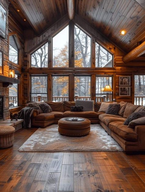 Wood House Inside, Country Wooden House, Log Cabin Big Windows, Beach Log Cabin, Custom Living Room Ideas, Log Cabin Style Living Room, Wood Ranch House, House With Property, Mountain Dream Homes Interior