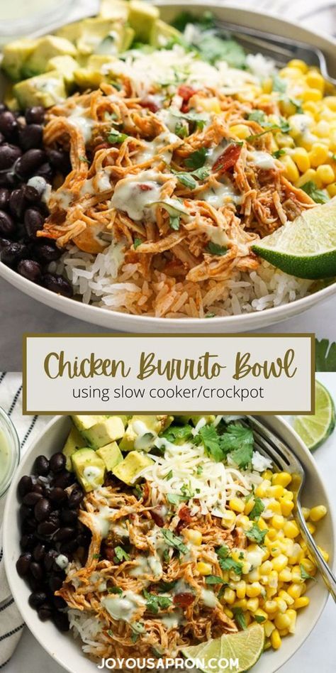 Crockpot Meal, Chicken Burrito, Chicken Burrito Bowl, Easy Healthy Meal Prep, Chicken Bowl, Health Dinner, Chicken Slow Cooker Recipes, Lime Dressing, Dinner Healthy