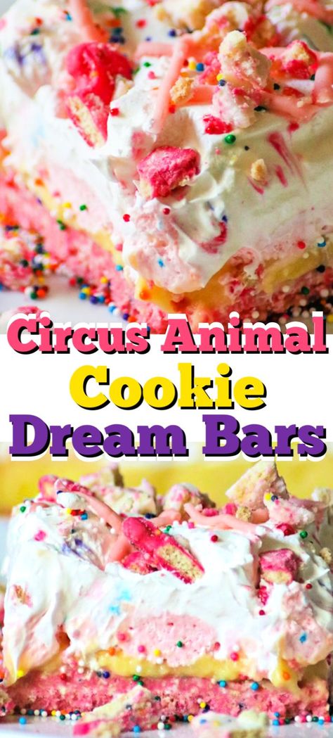 Circus Cookie Desserts, Circus Animal Cookie Cheesecake, Animal Cookies Recipe, Cookout Foods, Pudding And Cool Whip, Cracker Dessert, Circus Animal Cookie, Dream Bars, Animal Cookie