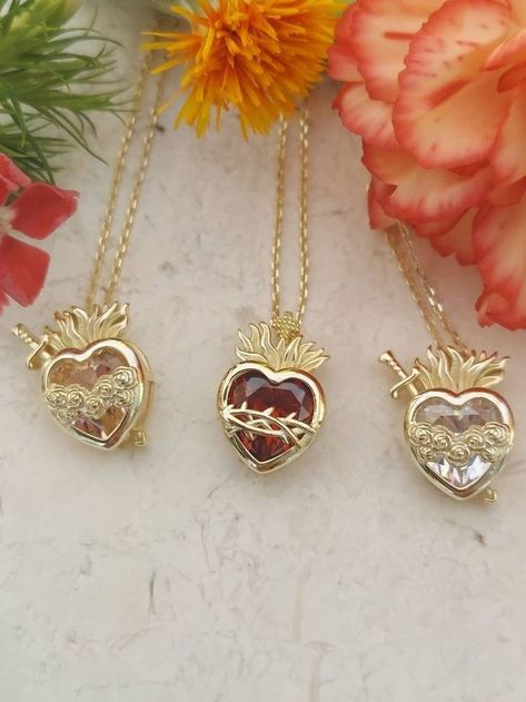 Hispanic Jewelry, Mother Necklaces, Immaculate Heart Of Mary, Sacred Hearts, Heart Of Mary, Immaculate Heart, Sacred Heart Of Jesus, Catholic Jewelry, Heart Of Jesus